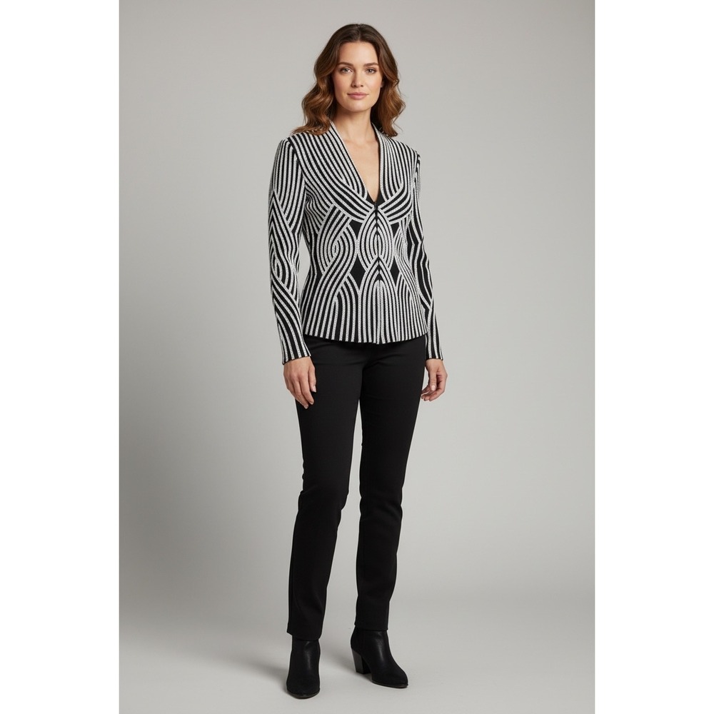 Alexandra Rosati Black White Geometric Striped Zip Front V-Neck Jacket Sz 6